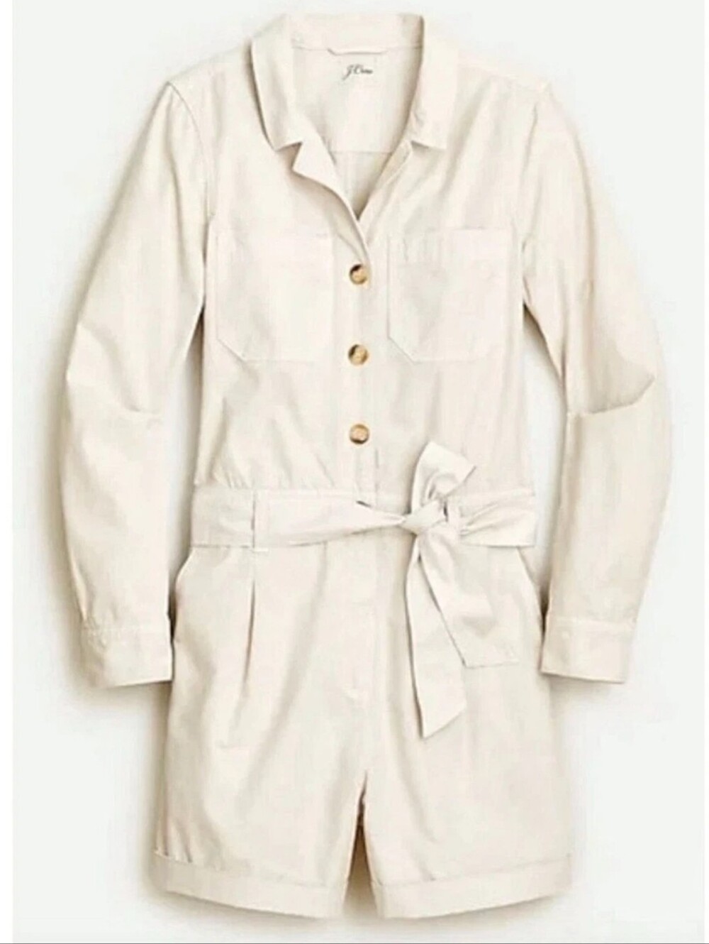 J. Crew Womens Cream Foundry Chino Short Long Sleeve Tie Waist Romper Size 00